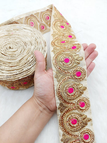 Beige Silk Fabric Trim, Gold Floral Embroidery Indian Sari Border Trim By Yard Decorative Trim Craft Lace